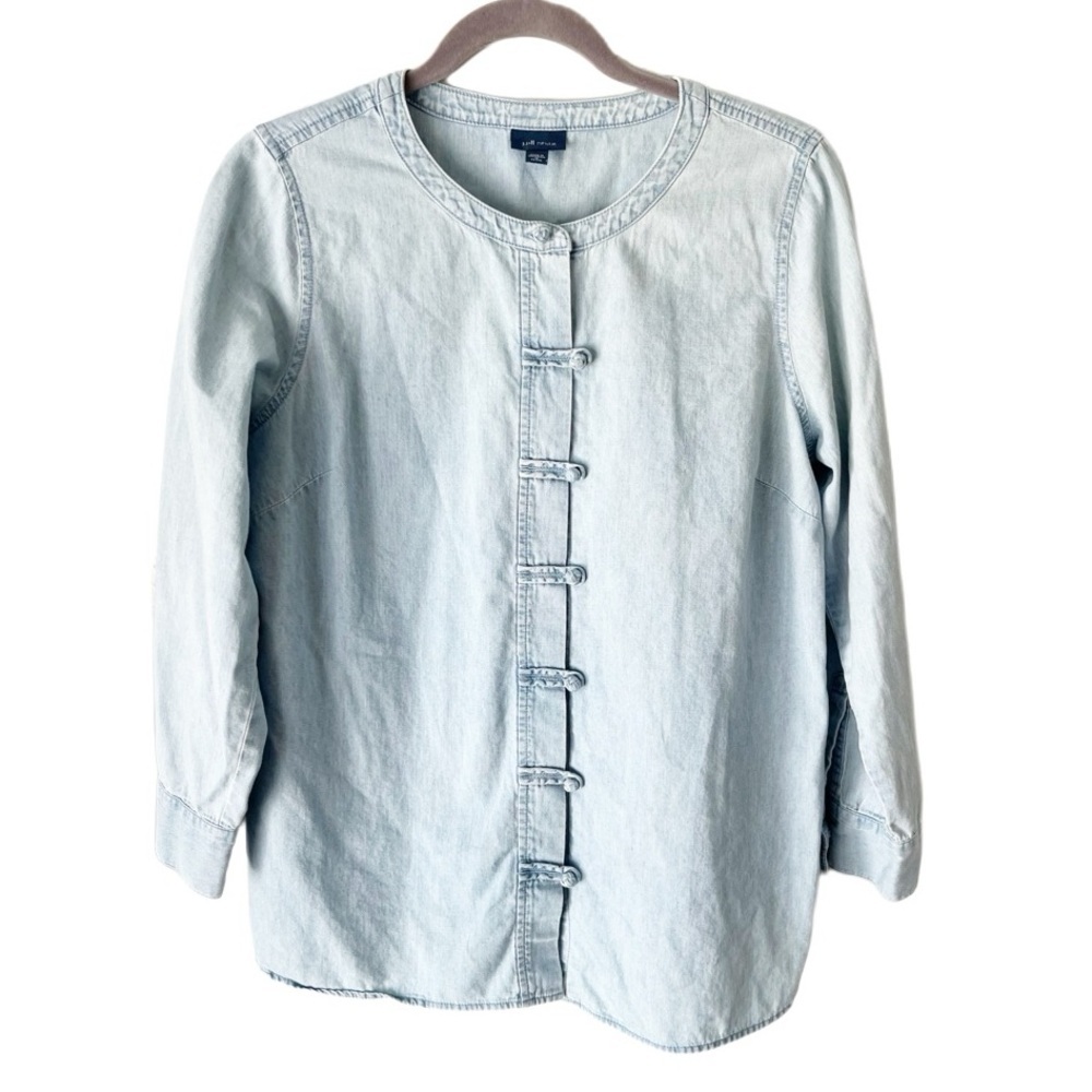 J. Jill Top Women's Medium Petite‎ MP Chambray Tunic Chinese Frog Knot Button Up